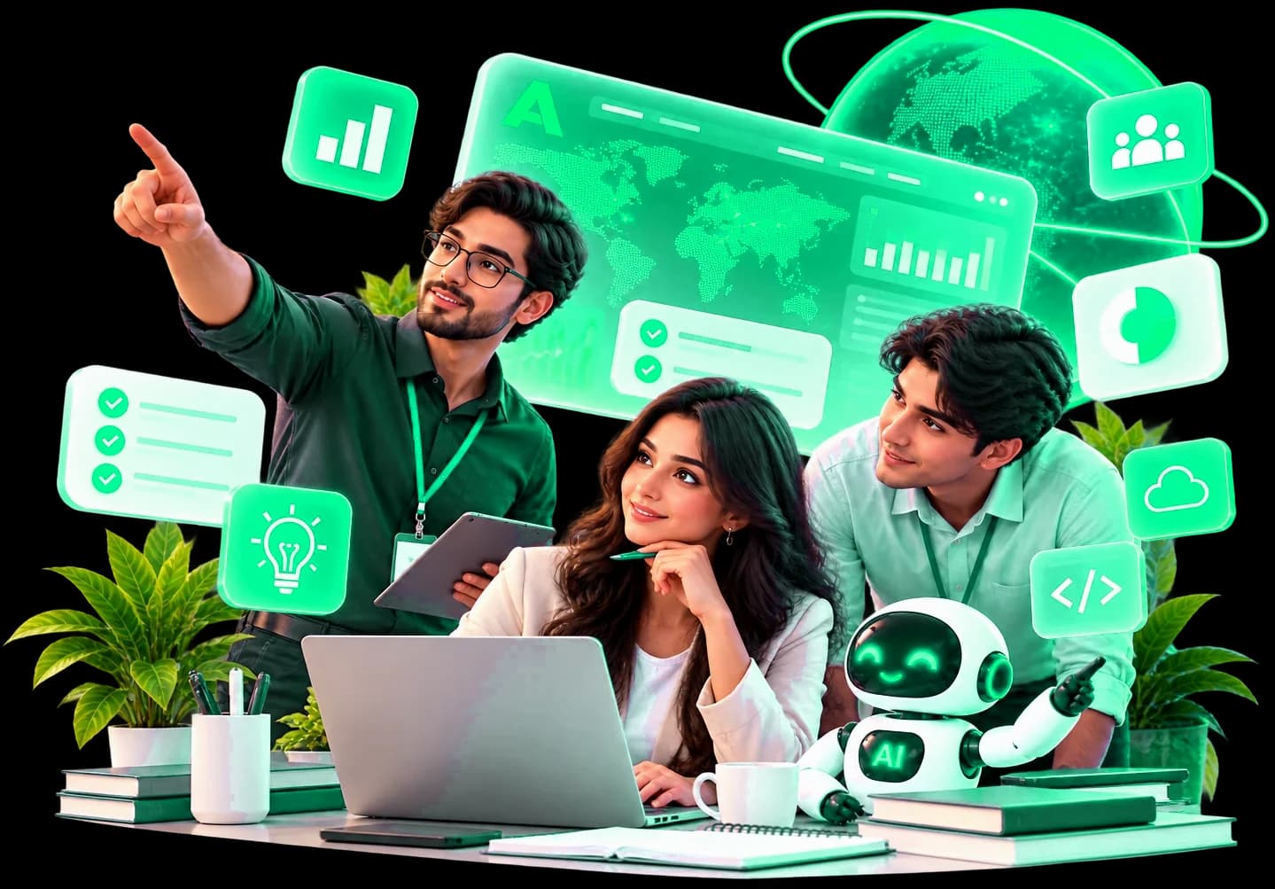 Three Astrylx engineers at a desk with a small AI robot, pointing at a dashboard of charts and a globe