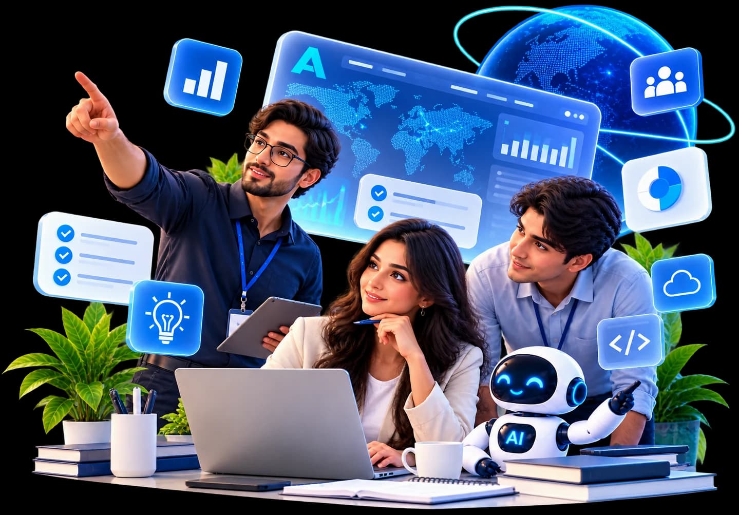 Three Astrylx engineers at a desk with a small AI robot, pointing at a dashboard of charts and a globe