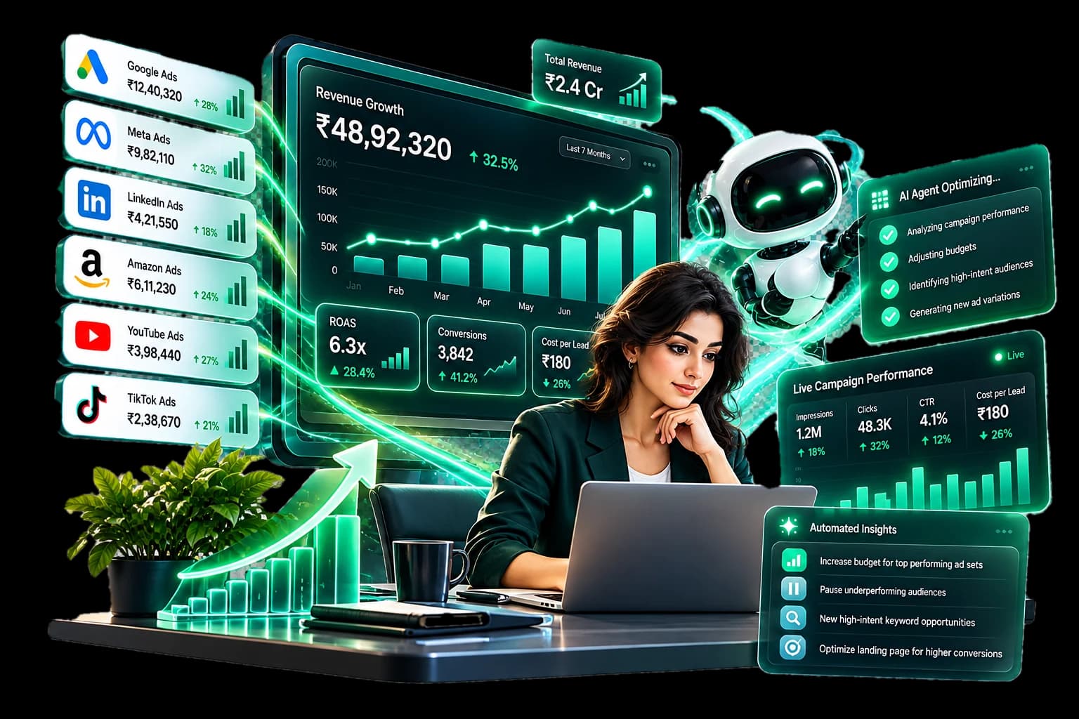 Ad channels feeding one revenue dashboard while an AI agent tunes budgets and a marketer reviews